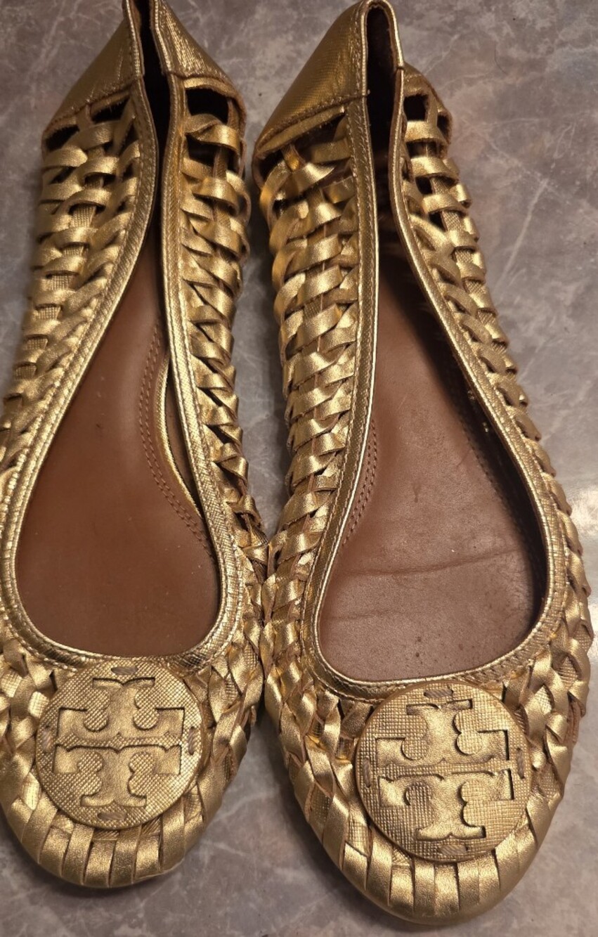 Tory Burch Gold Woven Leather Ballet Flats